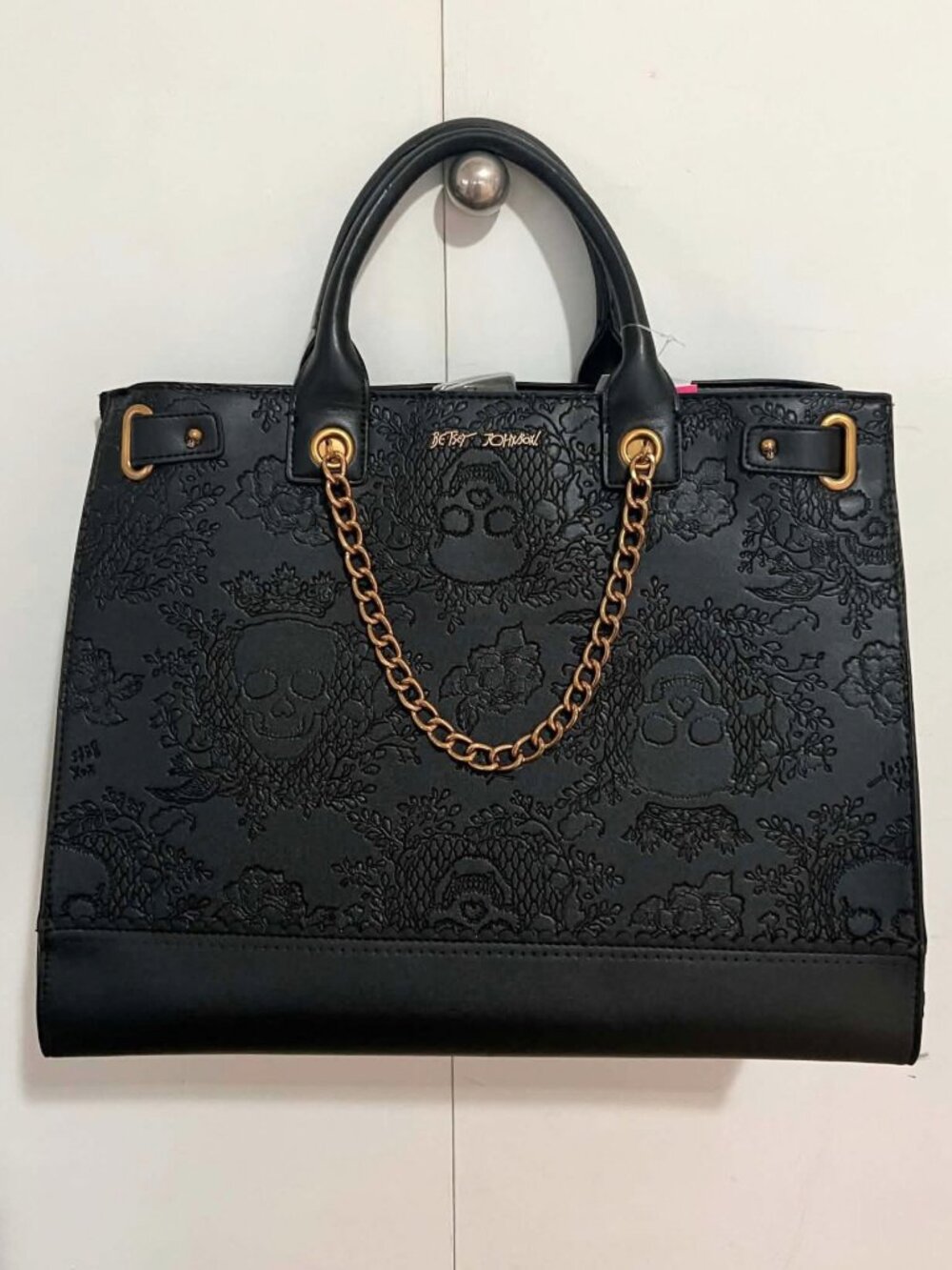 Betsey Johnson embossed faux leather tote bag with skull and chain detailing
